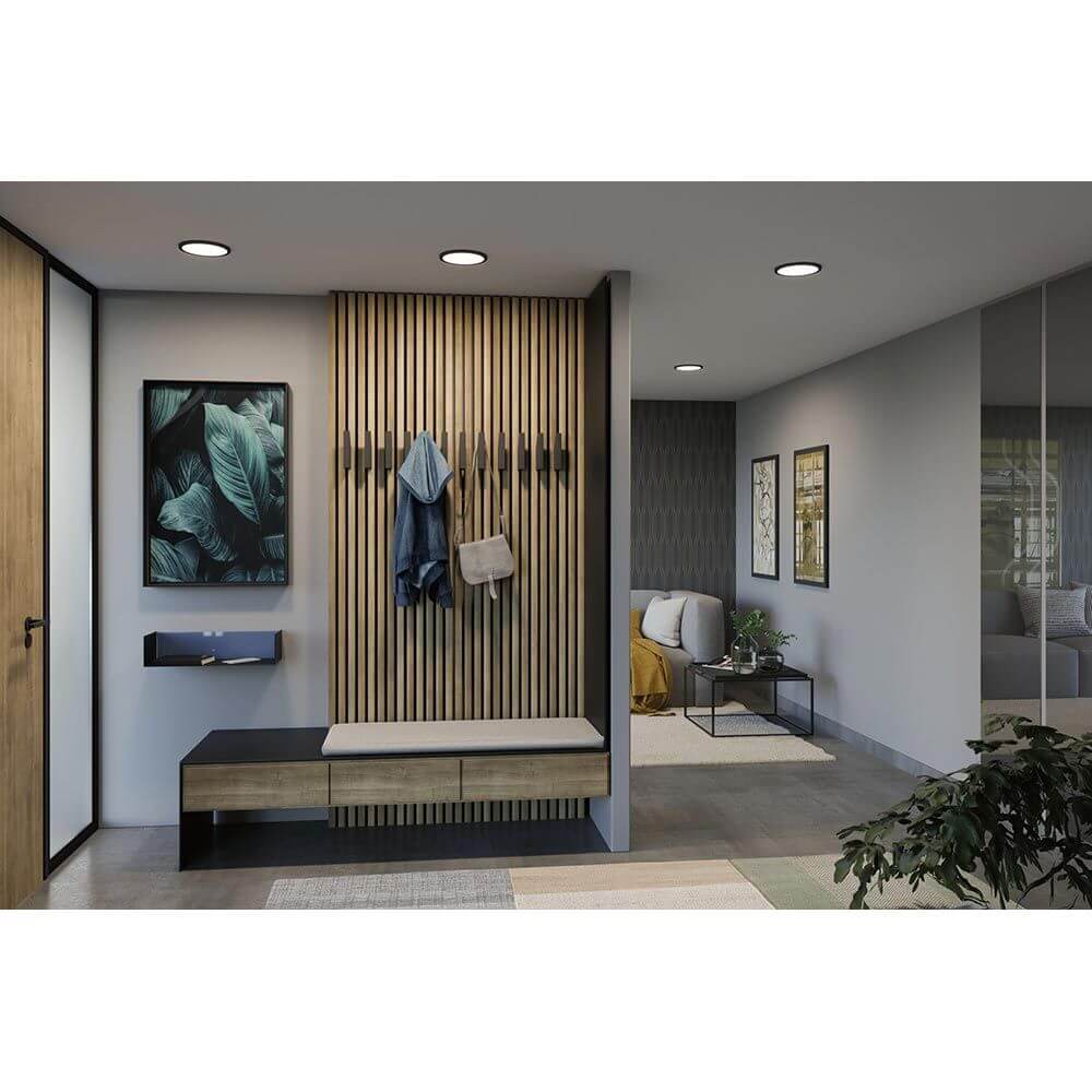 VariFit LED Einbaupanel Areo Rund Panel in modernem Eingangsbereich, ideal für eine harmonische Raumausleuchtung.