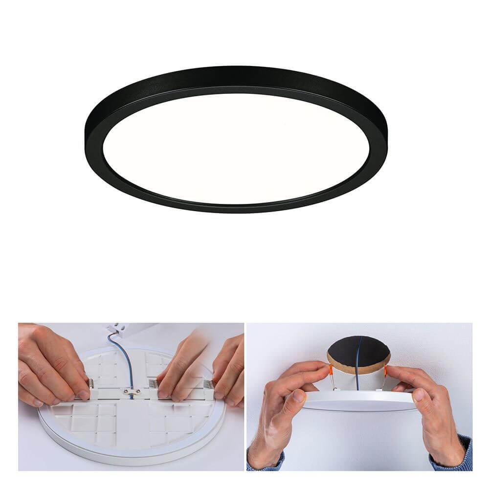 VariFit Areo LED Einbaupanel Schwarz mit 3 Stufen-Dimmer, runde Form und Montageanleitung.