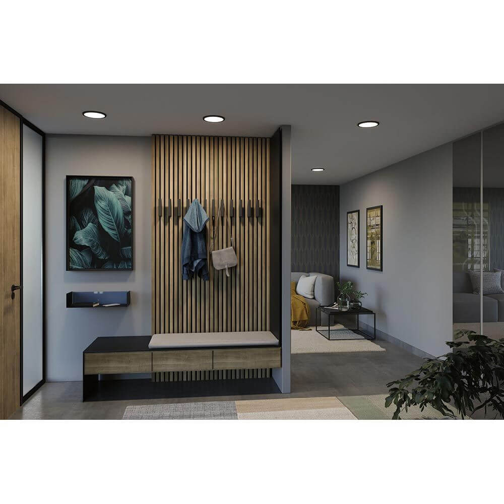 Moderne Wohnumgebung mit VariFit Areo LED Einbaupanel Schwarz mit 3 Stufen-Dimmer und stilvollem Möbeldesign.