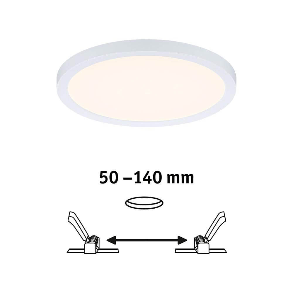 VariFit LED Einbaupanel Areo Rund in Weiß mit einstellbaren Klemmfedern für verschiedene Bohrlochgrößen.