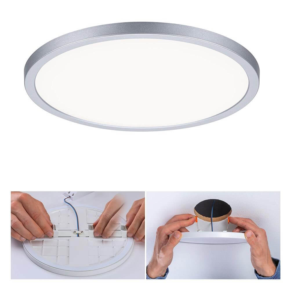 VariFit Areo LED Einbaupanel Ø 23cm mit 3-Stufen-Dimmer Chrom-Matt in montierter Ansicht und Installationsschritten.
