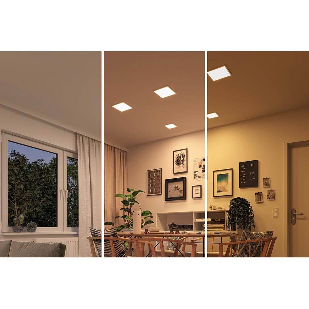 VariFit LED Einbaupanel Areo Dim-to-Warm CCT Weiß-Matt in verschiedenen Lichtstimmungen für Wohnräume.