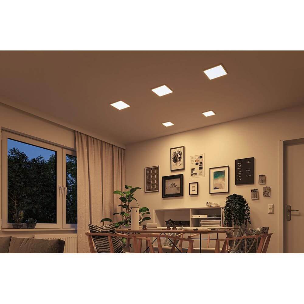 VariFit LED Einbaupanel Areo Dim-to-Warm CCT Weiß-Matt in modernem Raum mit warmem Licht.