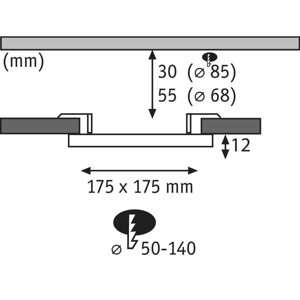 Maßzeichnung des VariFit LED Einbaupanels Areo, 175x175 mm, für stufenlosen Einbau von Ø 50-140 mm.