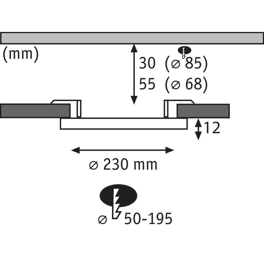 Diagramm des VariFit Areo LED Einbaupanels mit Abmessungen und Installationsoptionen, Ø 230 mm, für Smart Home.