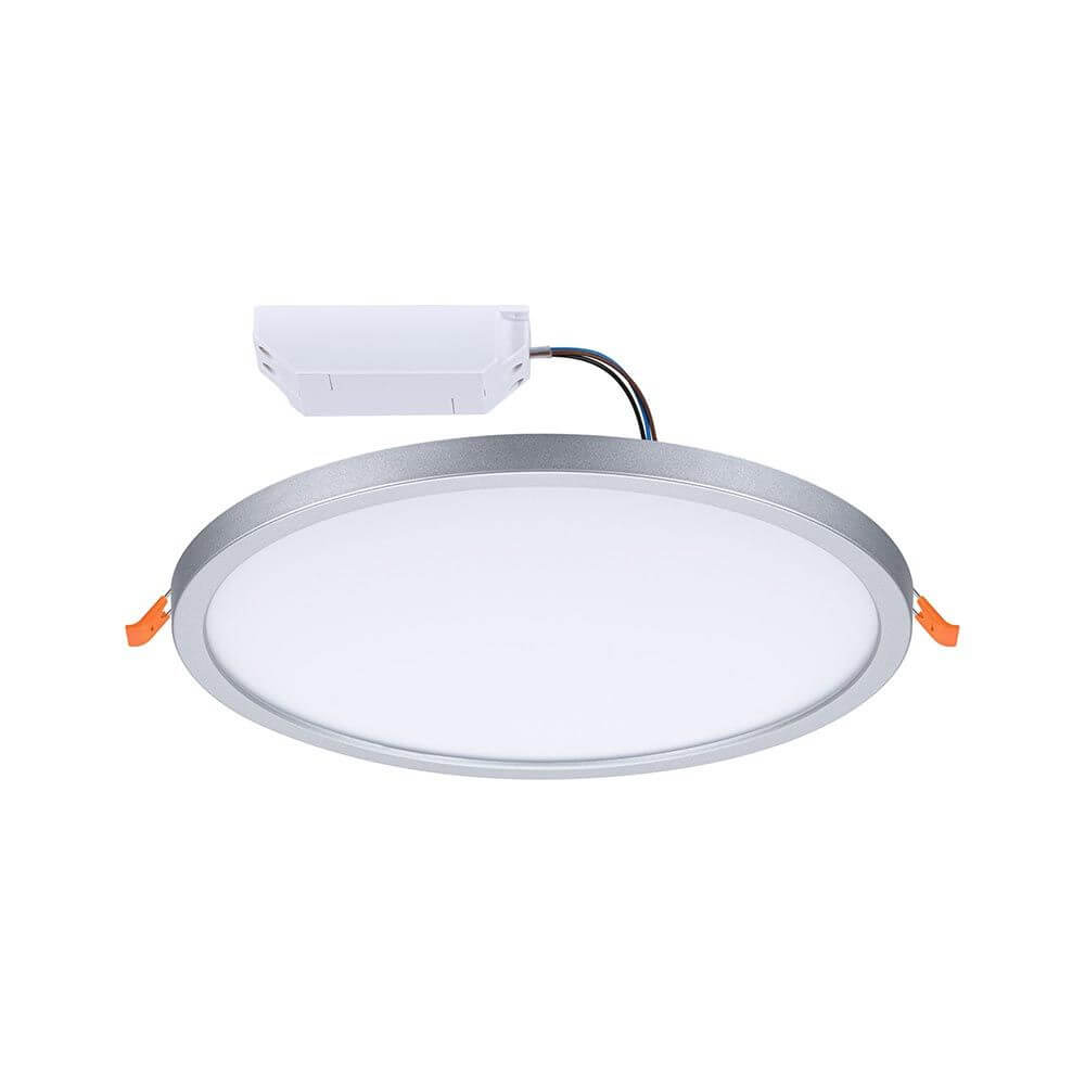 VariFit Areo LED Einbaupanel in Chrom matt, 230mm Durchmesser, stufenlos einstellbar für verschiedene Bohrlöcher.