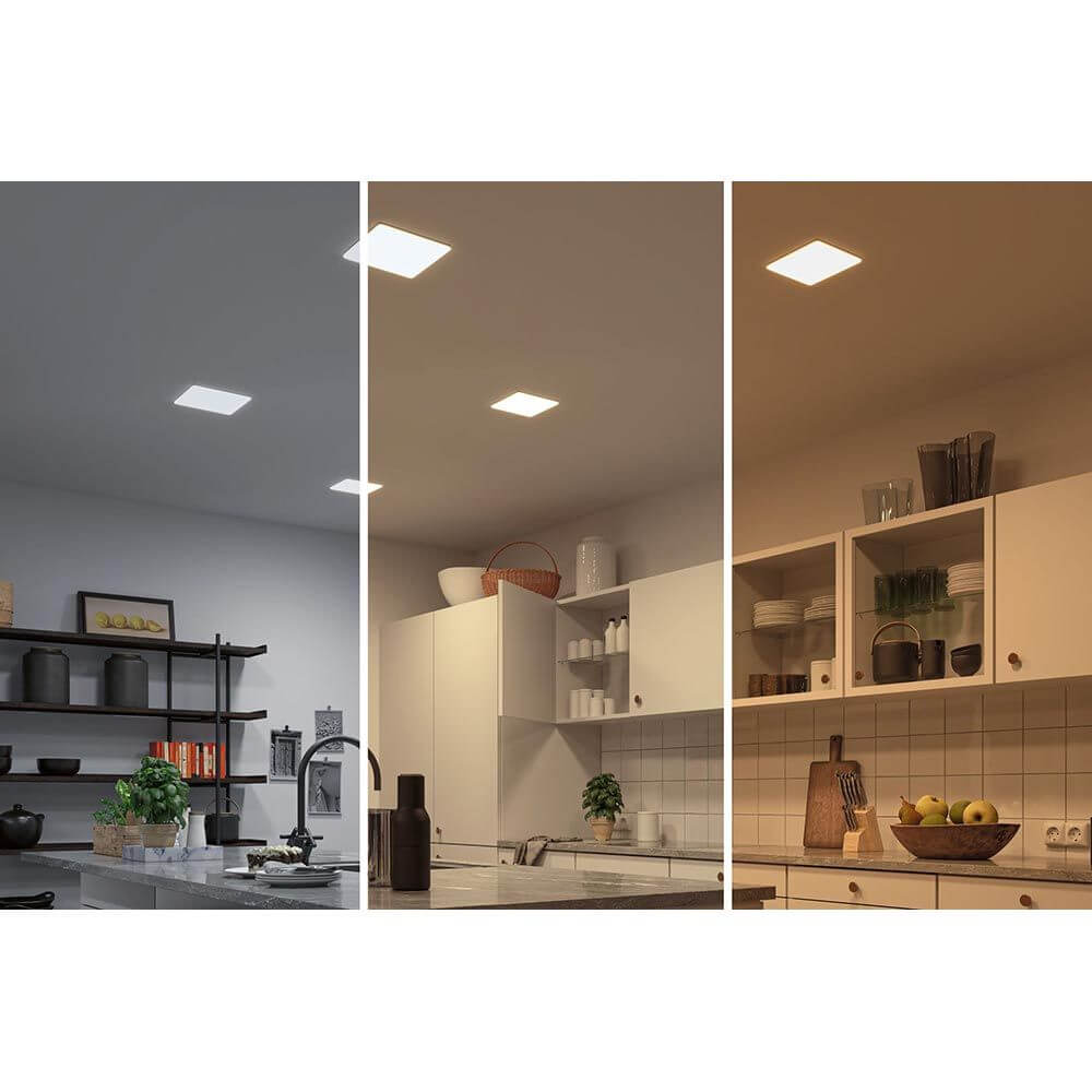 VariFit LED Einbaupanel Smart Home Zigbee Veluna Satiniert in verschiedenen Lichtstimmungen im Küchenumfeld.