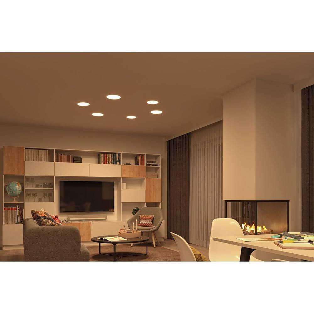 VariFit LED Einbaupanel Smart Home Zigbee Veluna Ø 18,5cm in moderner Wohnumgebung mit indirekter Beleuchtung.