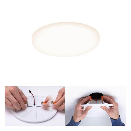 VariFit LED recessed panel Veluna Ø 12.5 cm round satin with warm white light and flexible installation requirements.