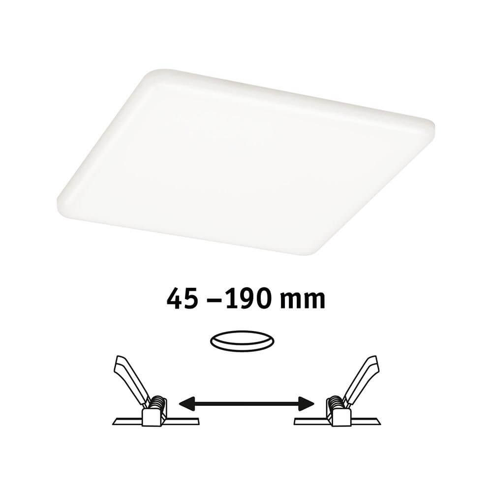 VariFit LED Einbaupanel Veluna Eckig IP44 mit einstellbarer Klemmfedern für Bohrlochdurchmesser 45–190 mm.