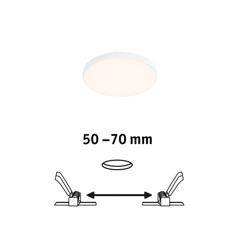 VariFit LED Einbaupanel Veluna Ø 9cm, flexibler Einbaubereich 50-70 mm, modernes Design in Weiß.