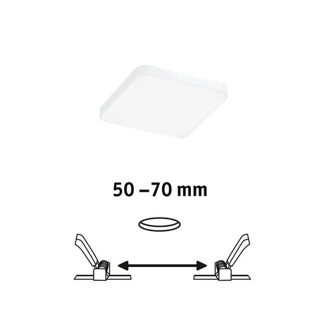 VariFit LED Einbaupanel Veluna Edge Eckig 9 x 9cm Weiß mit Klemmfedern für stufenlosen Einbau von 50-70 mm.