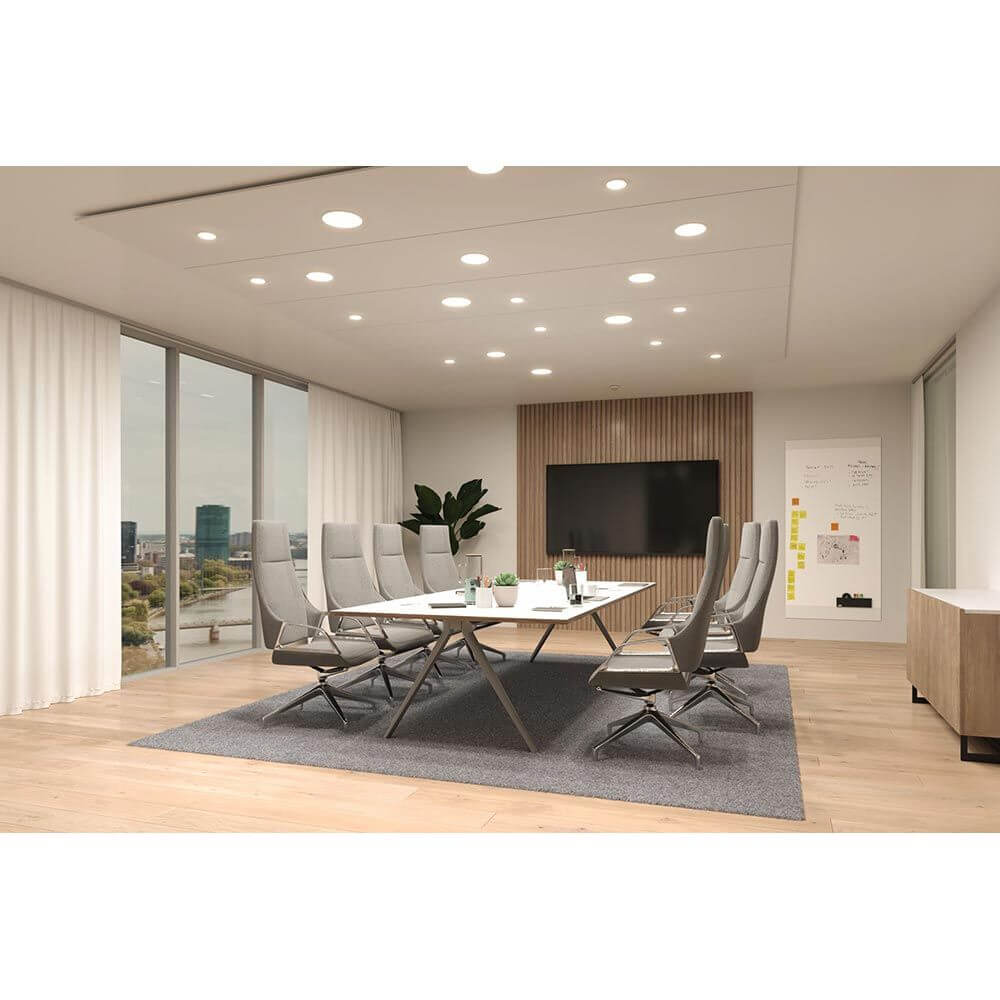 VariFit LED Einbaupanel Veluna Edge Weiß Dimmbar im modernen Besprechungsraum, rundes 160mm Panel, warmweiß 3000K, rahmenloses Einbau-Design