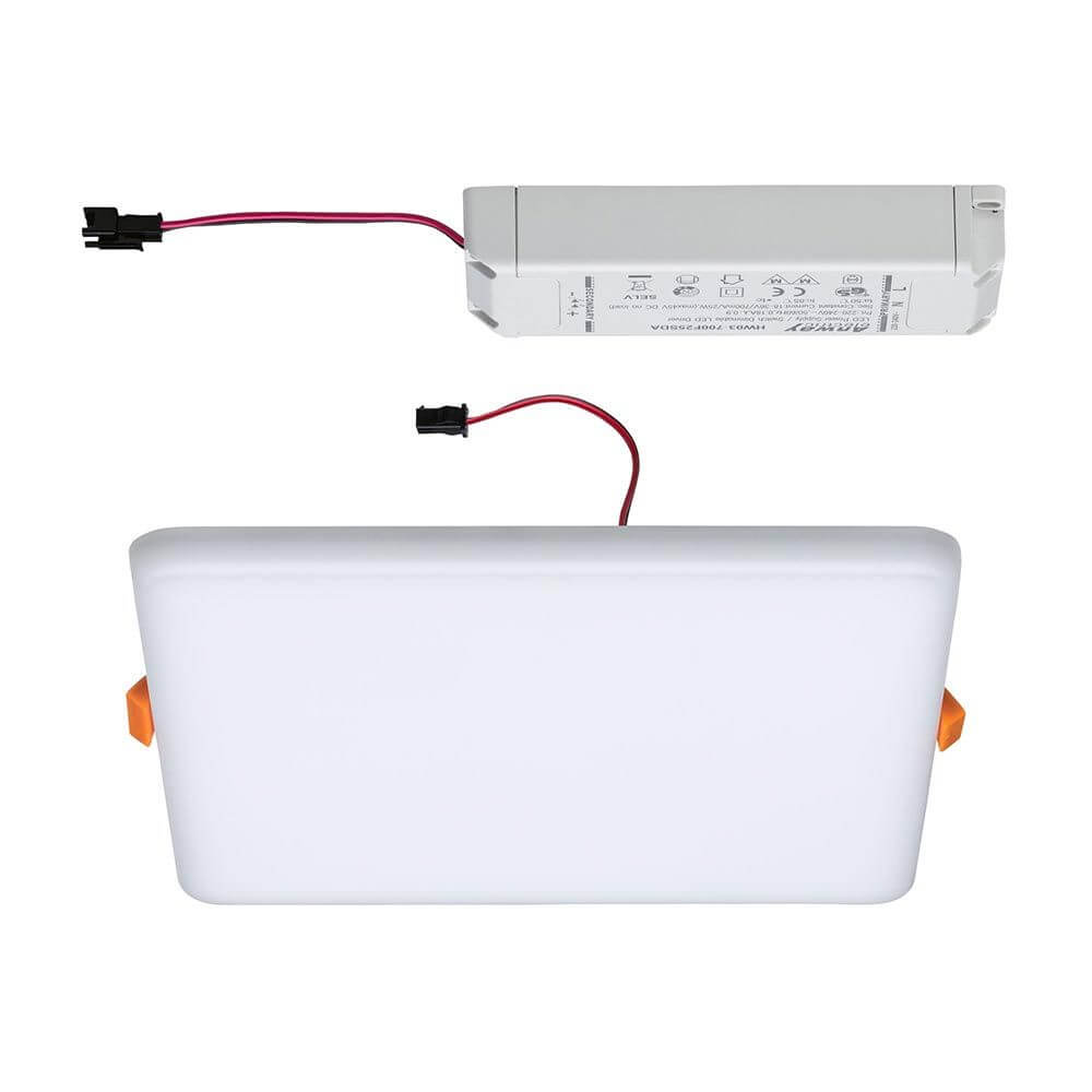 VariFit Veluna LED Einbaupanel mit 3-Stufen-Dimmer Eckig Satiniert und Treiberansicht.
