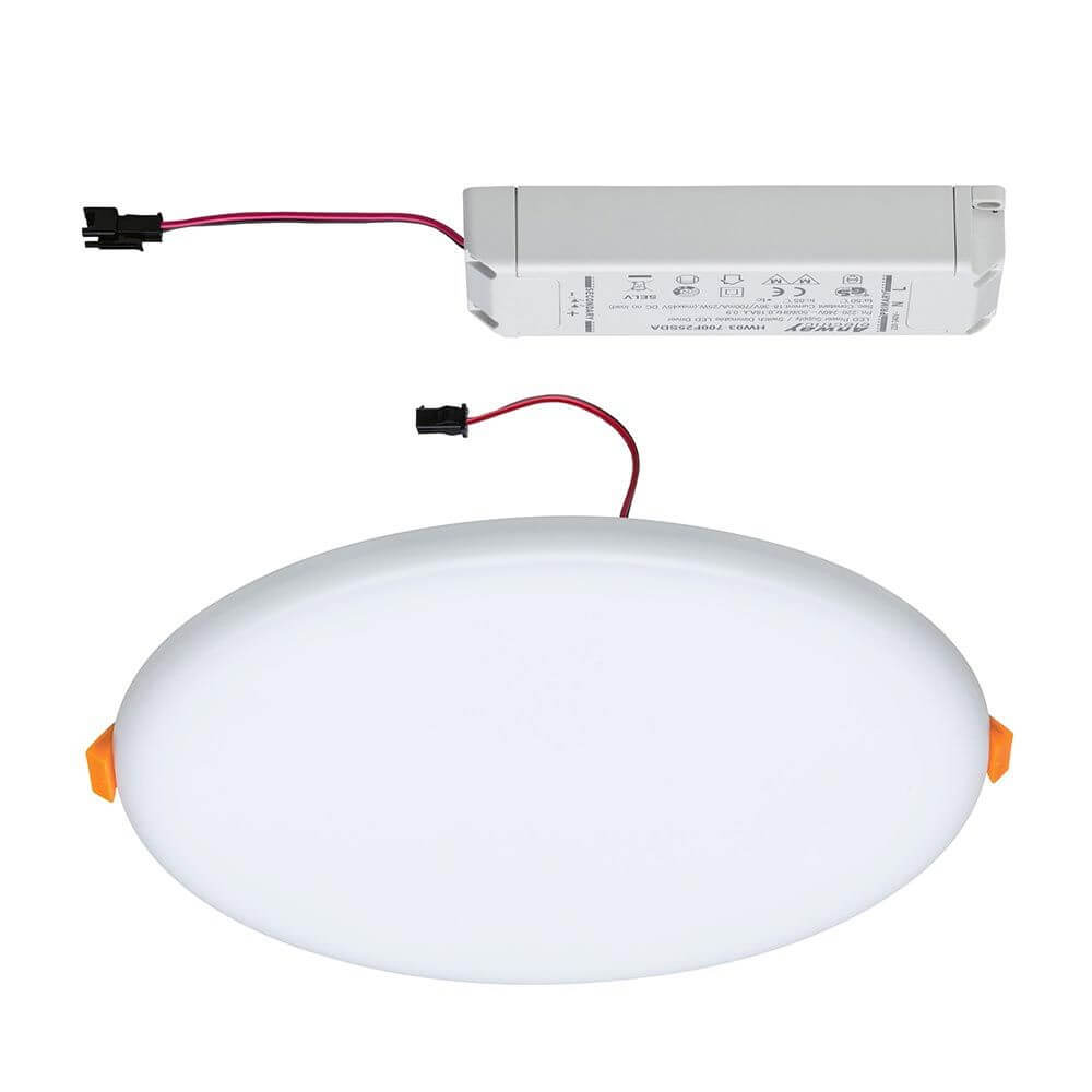VariFit LED Einbaupanel Veluna mit 3-Stufen-Dimmer Ø 21,5cm Satiniert, zeigt das Panel und das dazugehörige Netzteil.