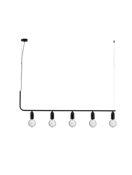 Veda Pendelleuchte 128cm G9 Horizontal 5-flammig in schwarzer Stahlstruktur mit transparenten Glaskugeln.