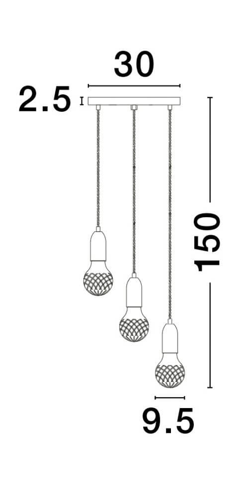 Technische Zeichnung der Veda Pendelleuchte G9 3-flammig, Ø 30cm, Abmessungen 30x150cm.