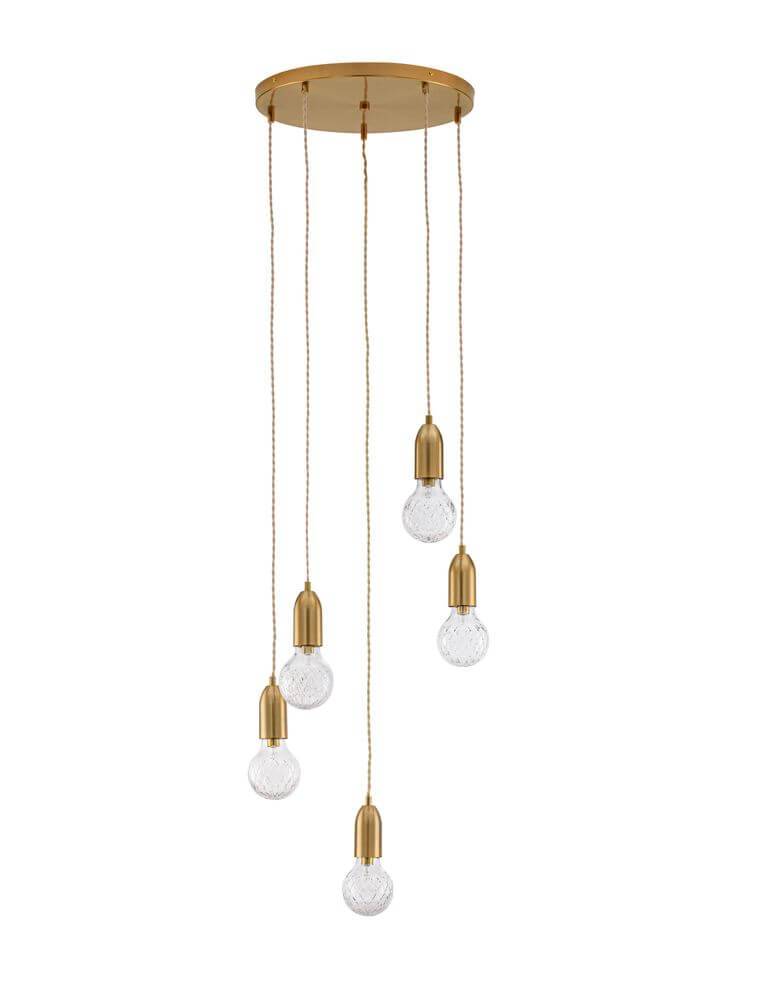 Veda Pendelleuchte G9 5-flammig in Gold mit Kristallschirmen, Ø 40cm, elegantes handgeschliffenes Design.