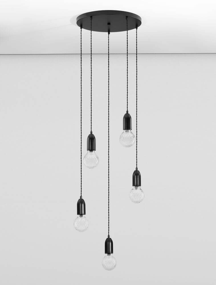 Veda Pendelleuchte G9 mit 5 hängenden Kugelschirmen, handgeschliffen und elegantem Design, Ø 40cm.