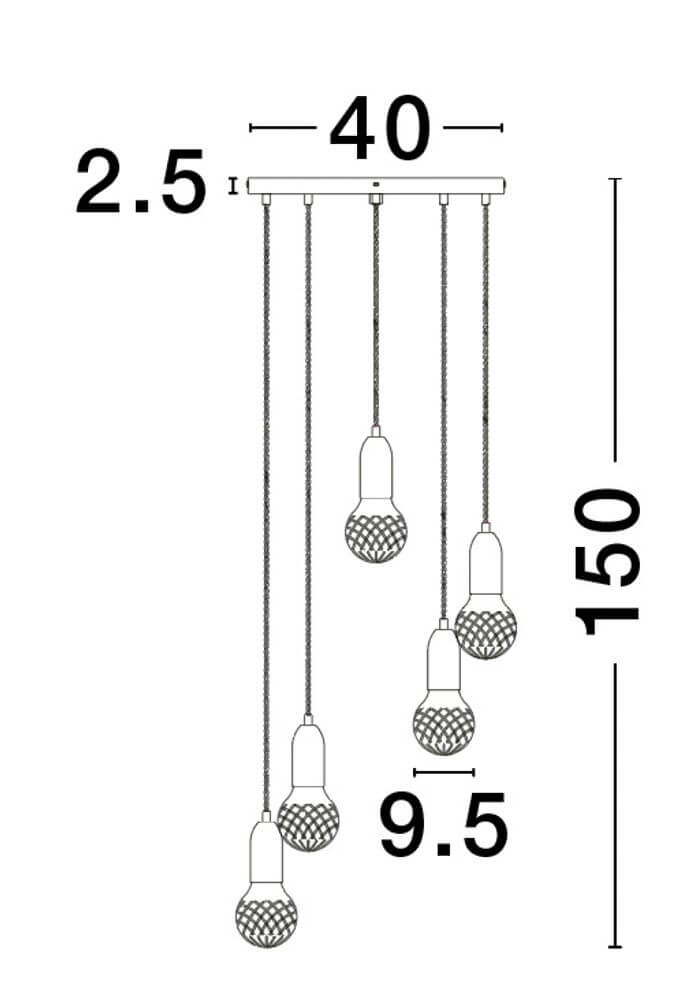 Technische Zeichnung der Veda Pendelleuchte G9 5-flammig, Maße: 40cm Breite, 150cm Höhe.