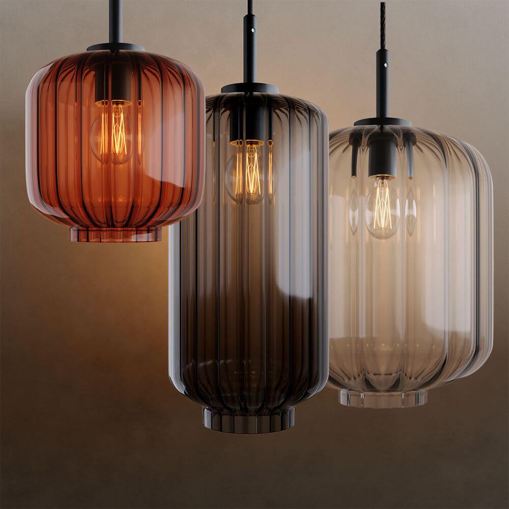 s.luce Velo Pendelleuchte mit drei Glasfarben: Rauch, Cognac und Klar, stilvolles Design und elegante Aufhängung.