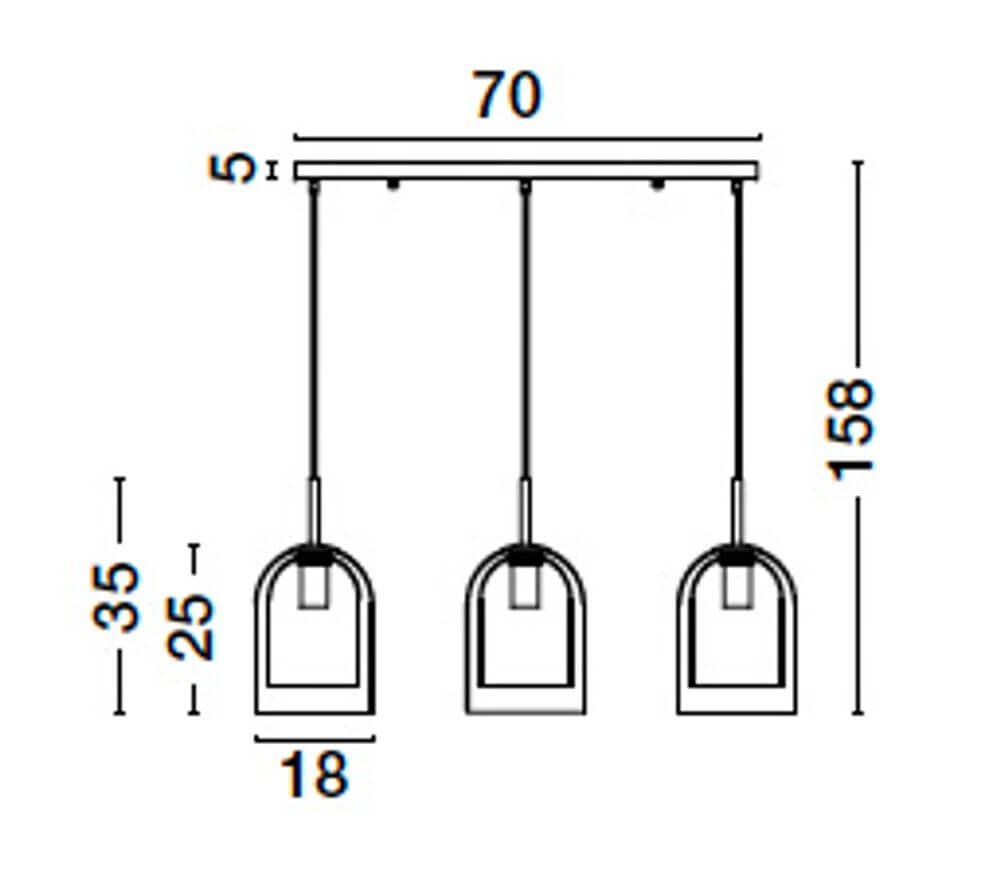 Technische Zeichnung der VELOR Pendelleuchte 70cm, 3-flammig mit abmessungen für E27 Fassungen.