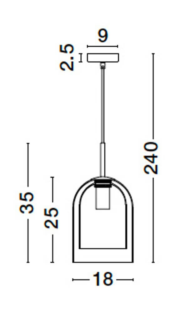 Technische Zeichnung der Velor Pendelleuchte E27 Ø 18cm mit Abmessungen und Details.