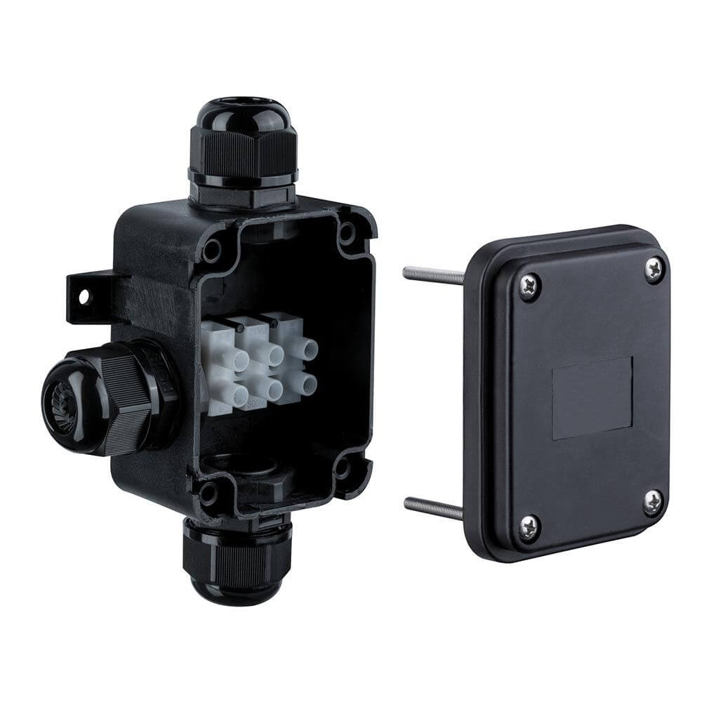 Verbindungsbox für Erdkabel 3-fach schwarz IP68 tauchwassergeschützt, ideal für Garteninstallationen.