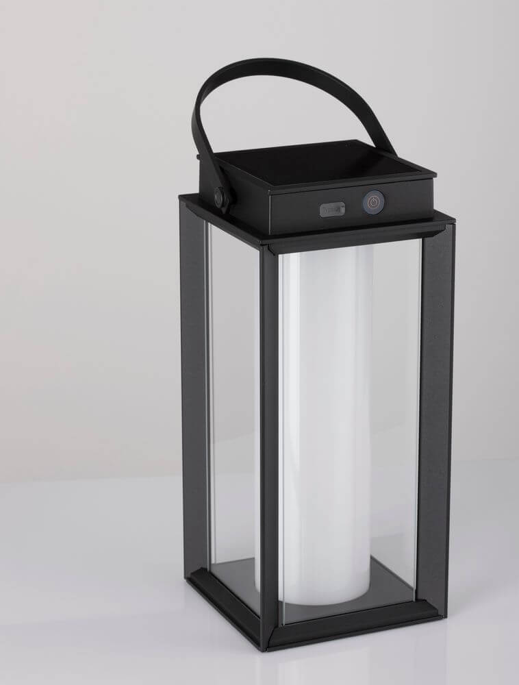 Verhal LED Außenstehleuchte 3000K Solar IP54 in modernem, schwarzem Design mit Tragegriff.