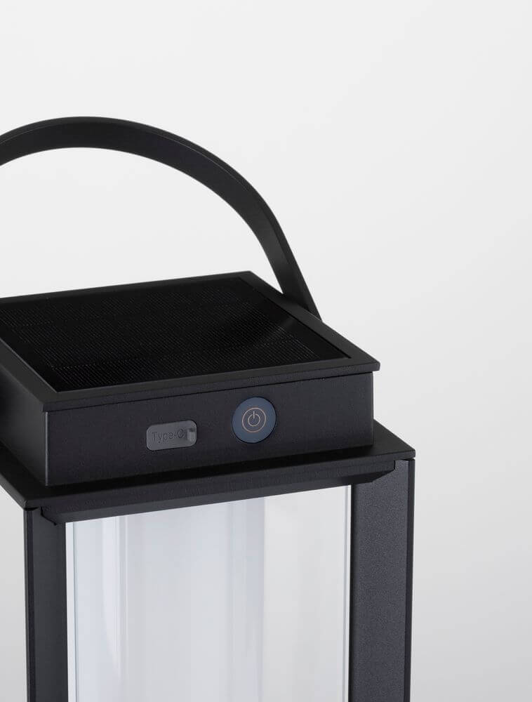 Detailansicht der Verhal LED Außenstehleuchte 3000K Solar IP54 mit schwarzem Aluminium und Glas.