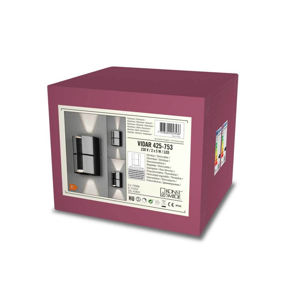 Vidar LED Wandleuchte Silber Produktverpackung mit Aufschrift und Spezifikationen.