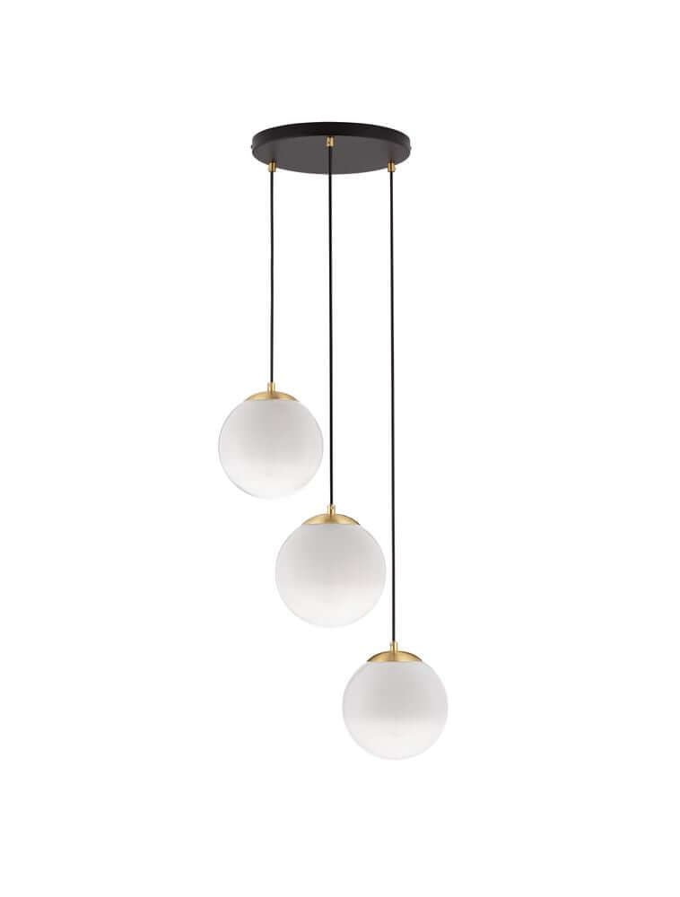 Vita Pendelleuchte 3-flammig Ø 30cm Gold, Schwarz, Weiß mit drei kugelförmigen Leuchten aus Opalglas.