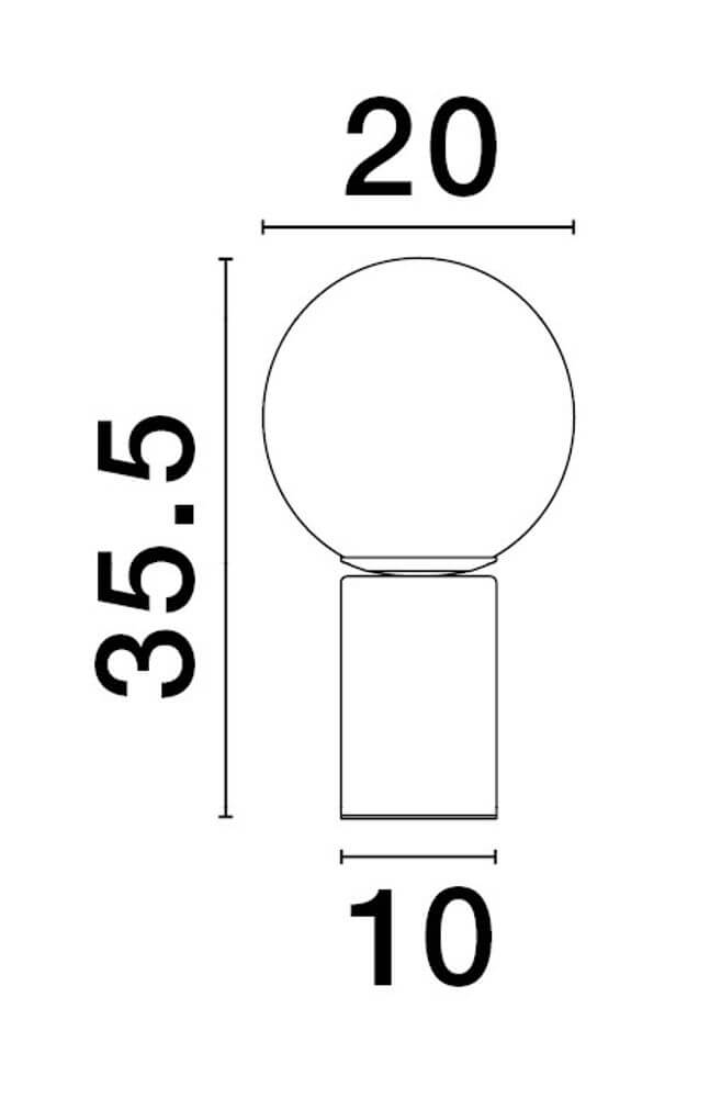 Technische Zeichnung der Vita Tischleuchte in Gold und Weiß mit Abmessungen 20 cm Durchmesser und 35,5 cm Höhe.