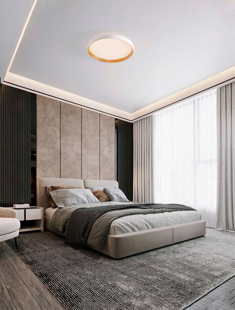 Vomos Deckenleuchte Ø 40cm 2700, 3000K in modernem Schlafzimmer dekorativ an der Decke.