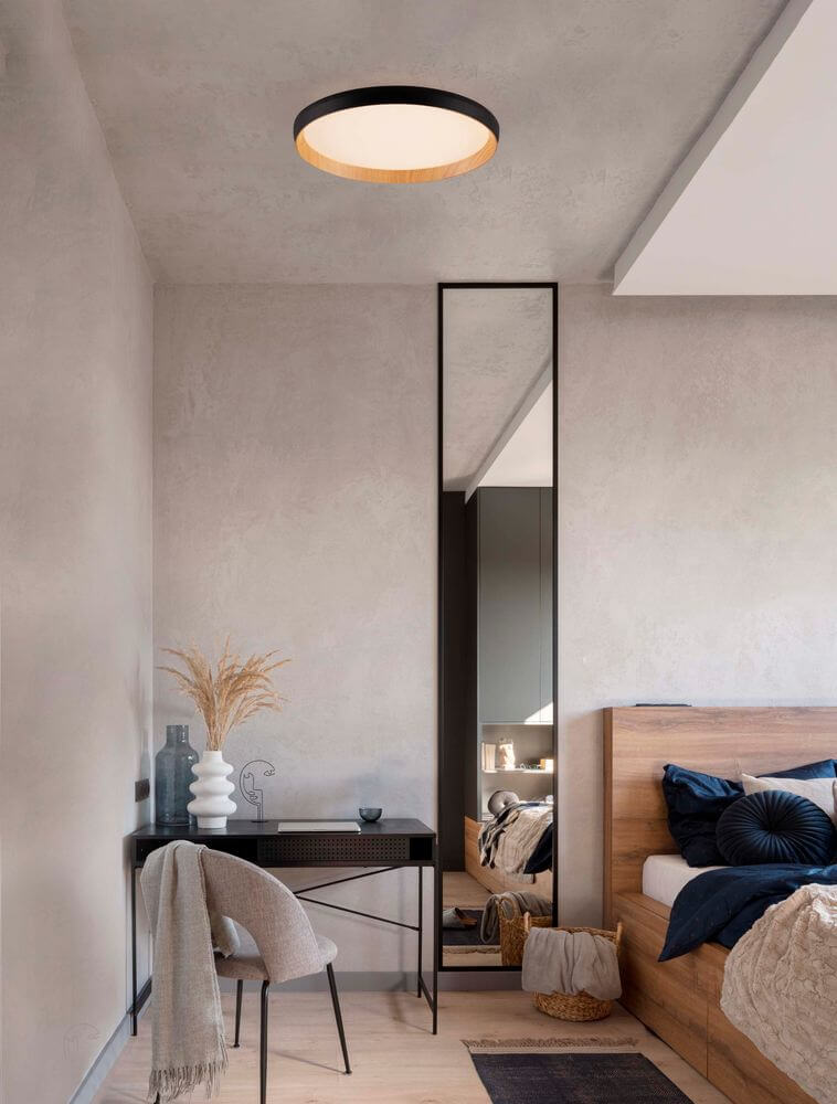 Vomos Deckenleuchte Ø 40cm 2700, 3000K in modernem Schlafzimmer-Design mit Spiegelschrank.