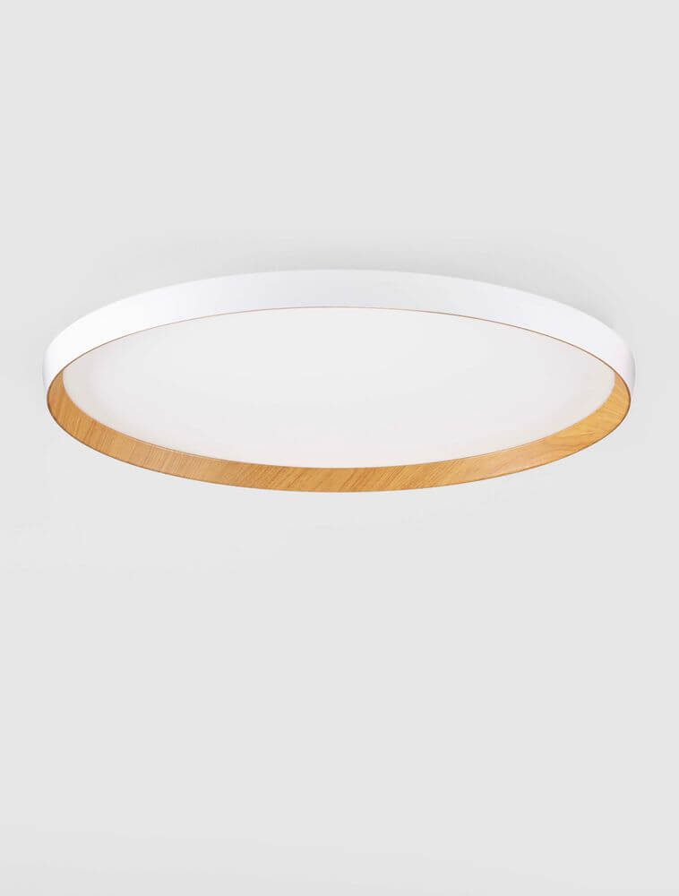 Vomos Deckenleuchte Ø 60cm 2700, 3000K mit schwarzem Metallrahmen und Holzdekor in flacher Silhouette.