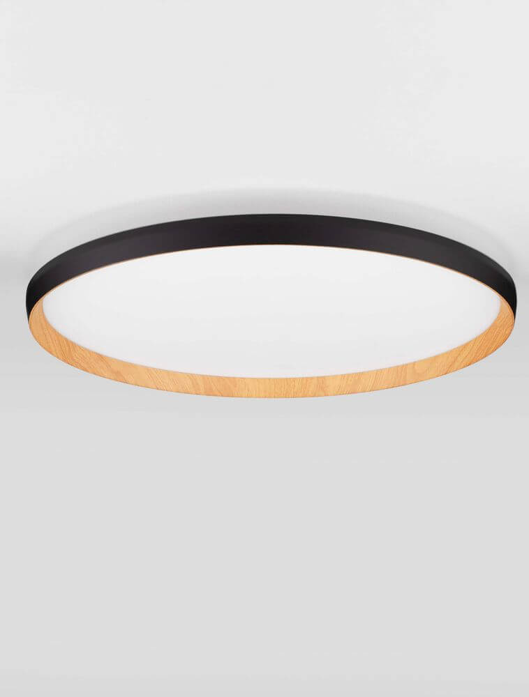 Vomos Deckenleuchte Ø 60cm 2700, 3000K mit schwarzem Metallrahmen und Holzdekor, flache Silhouette.