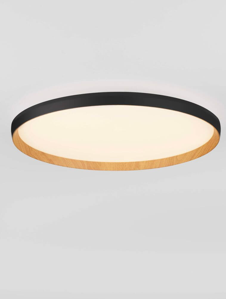 Vomos Deckenleuchte Ø 60cm 2700, 3000K mit flacher Silhouette aus schwarzem Metall und Holzdekor