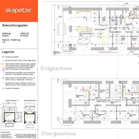 Vor-Ort Termin & Planungs-Skizze / Entfernung 100 km von 84359 - Beleuchtungsplan mit Erdgeschoss und Obergeschoss.