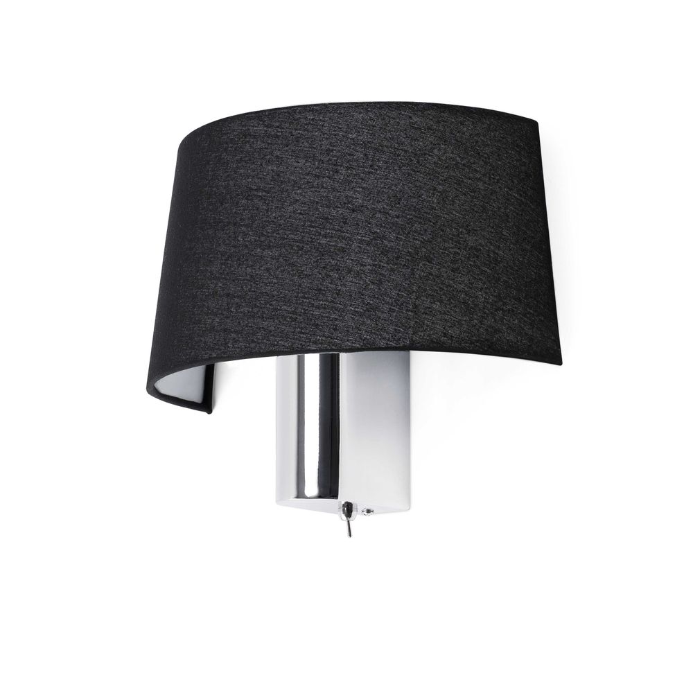 Wandlampe HOTEL Chrom, Schwarz mit schwarzem Schirm und modernem, glänzendem Korpus.