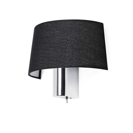 Wandlampe HOTEL Chrom, Schwarz mit schwarzem Schirm und modernem, glänzendem Korpus.
