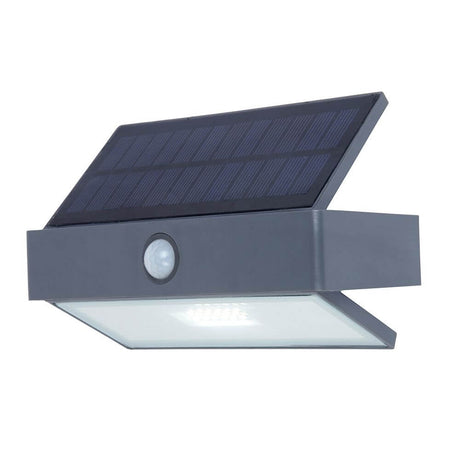 LED-Wandleuchte Arrow mit Solarpanel und Bewegungsmelder für effiziente Außenbeleuchtung.