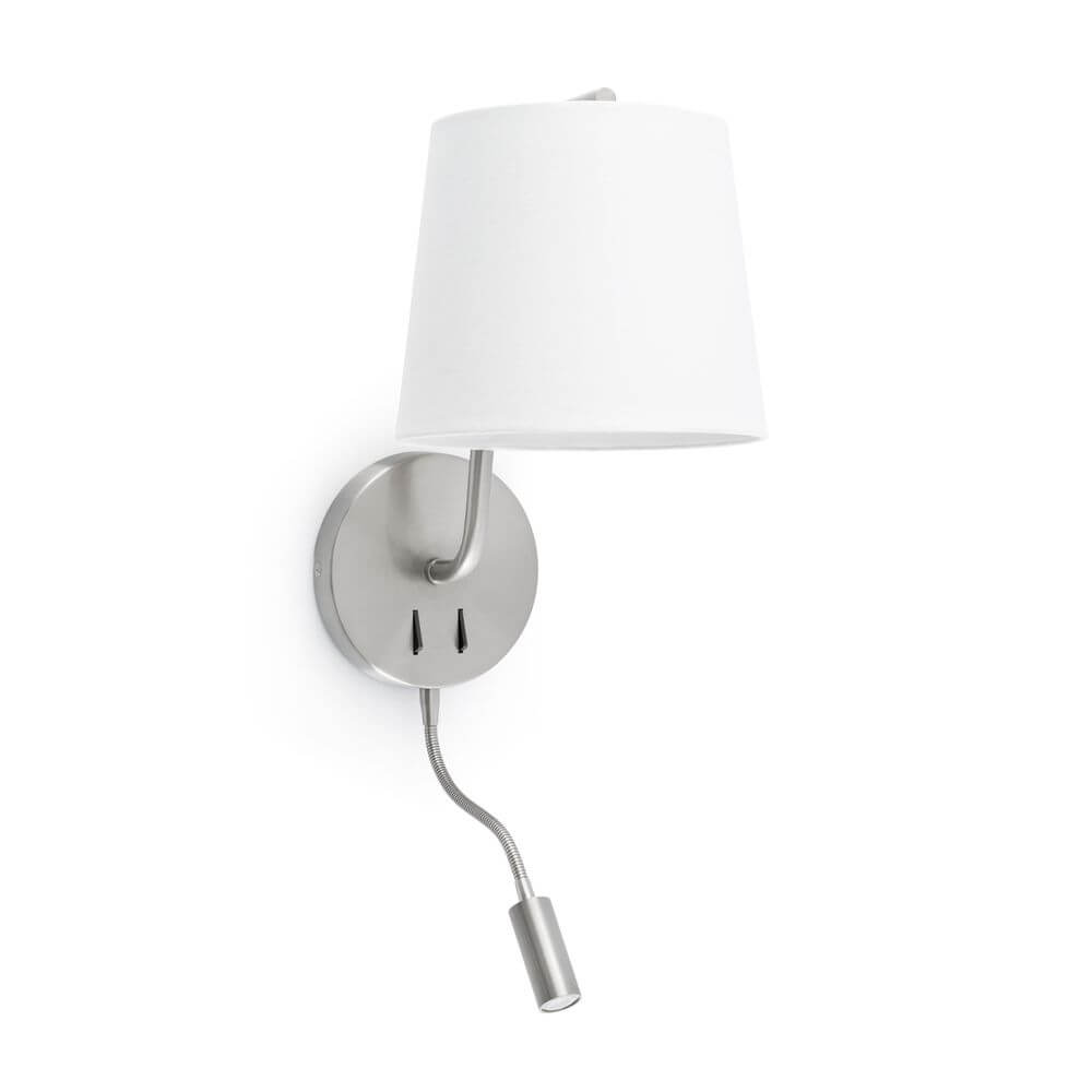 Wandleuchte BERNI mit LED-Leselicht Nickel-Satin mit weißem Lampenschirm und Flexarm zum Lesen.