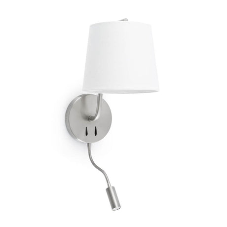 BERNI wall light with LED reading light, satin nickel with white lampshade and flexible arm for reading.