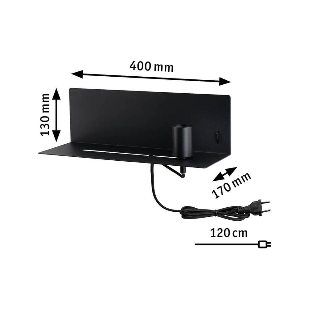 Wandleuchte Devara USB Schwarz mit integrierter Ablage und Abmessungen 400 mm x 130 mm x 170 mm.
