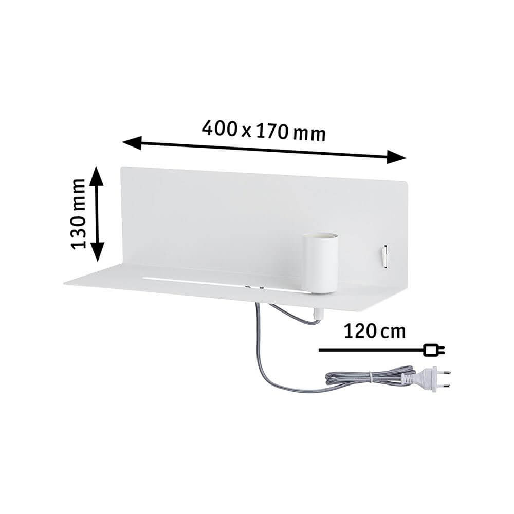Wandleuchte Devara Dimmbar Weiß mit integrierter Ablage und USB-Ausgang, Maße 400 x 170 mm.