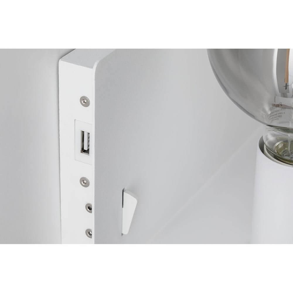 Detailansicht der Wandleuchte Devara Dimmbar Weiß mit USB-Ausgang und Montageoptionen.