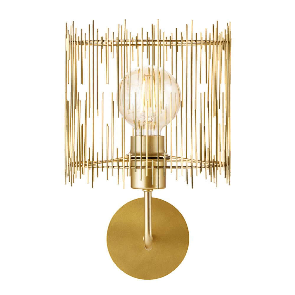 Wandleuchte Elvis in modernem Design mit goldenen Stäben und Edison-Glühbirne, ideal für stilvolle Wohnräume.