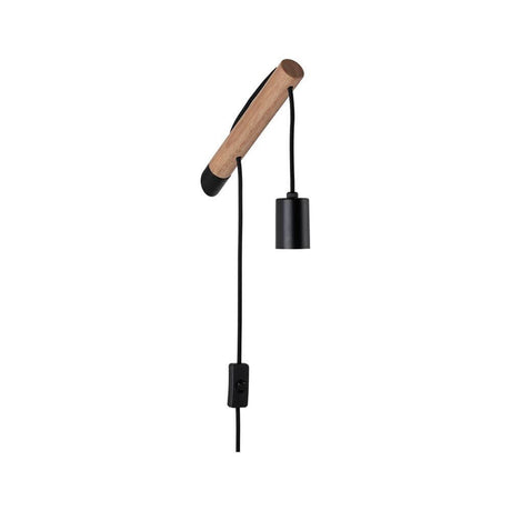 Wandleuchte Kian Dimmbar Holz Schwarz, moderne Wandlampe mit Holzgriff und schwarzem Lampenschirm.