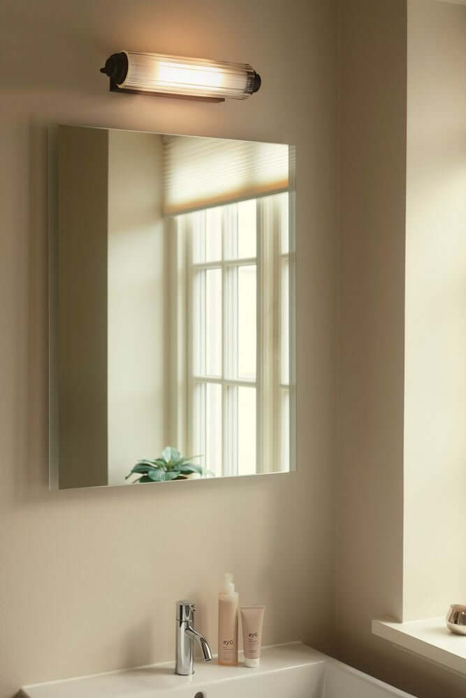 Wandleuchte Nimal Double IP44 über einem Badezimmerspiegel, elegantes Design, ideal für feuchte Räume.